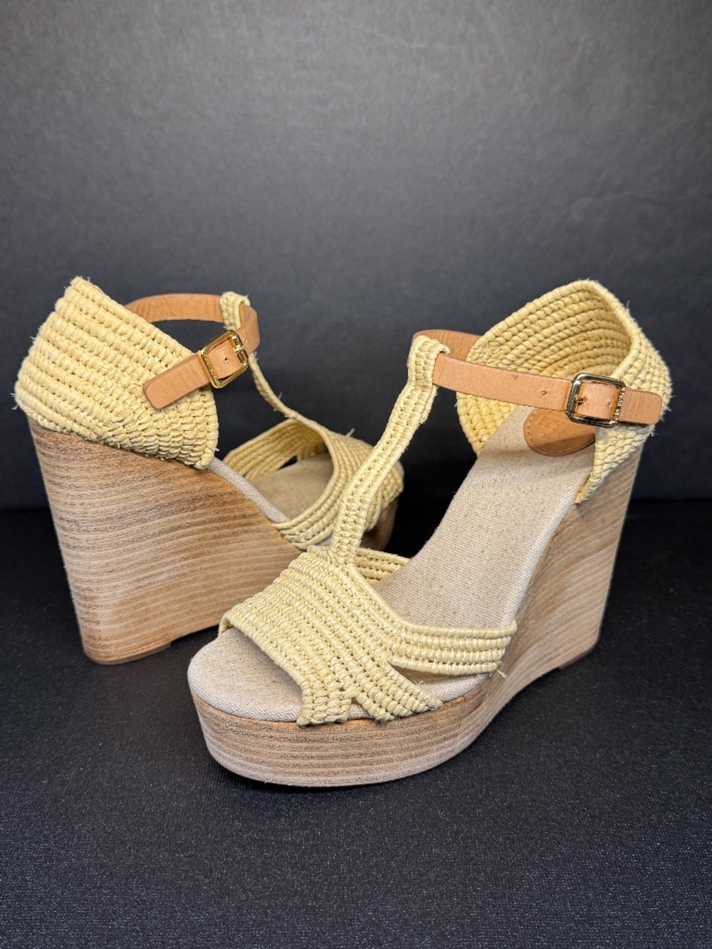 Tory Burch Raffia Platform Wedge Sandals Tan Ankle Strap Size 5M